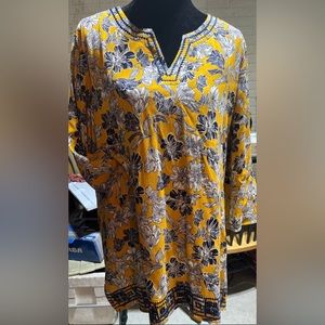 Magnolia Grace Belline Embroidery Detail Tunic Top Mustard XL NWT